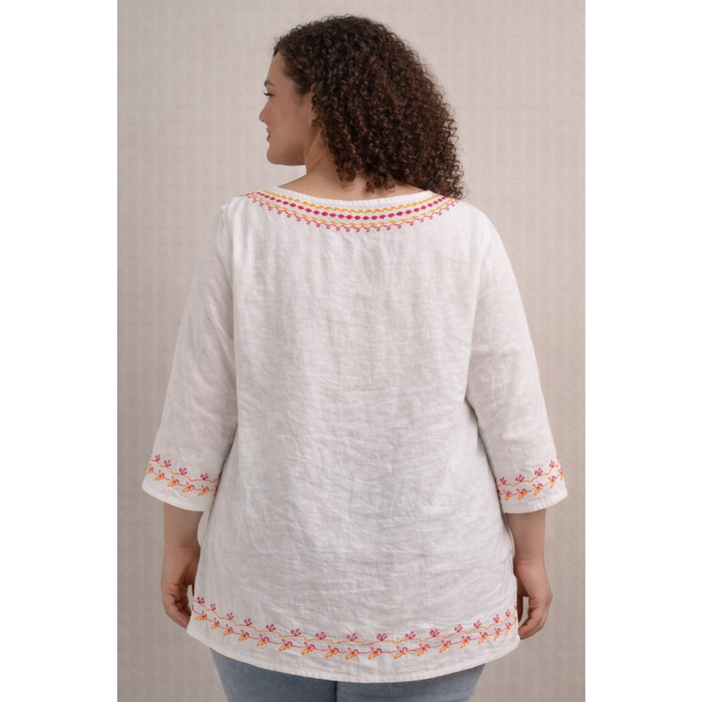 Carole Little 1X White Linen Embroidered Tunic Top Boho Side Slits - Picture 4 of 12